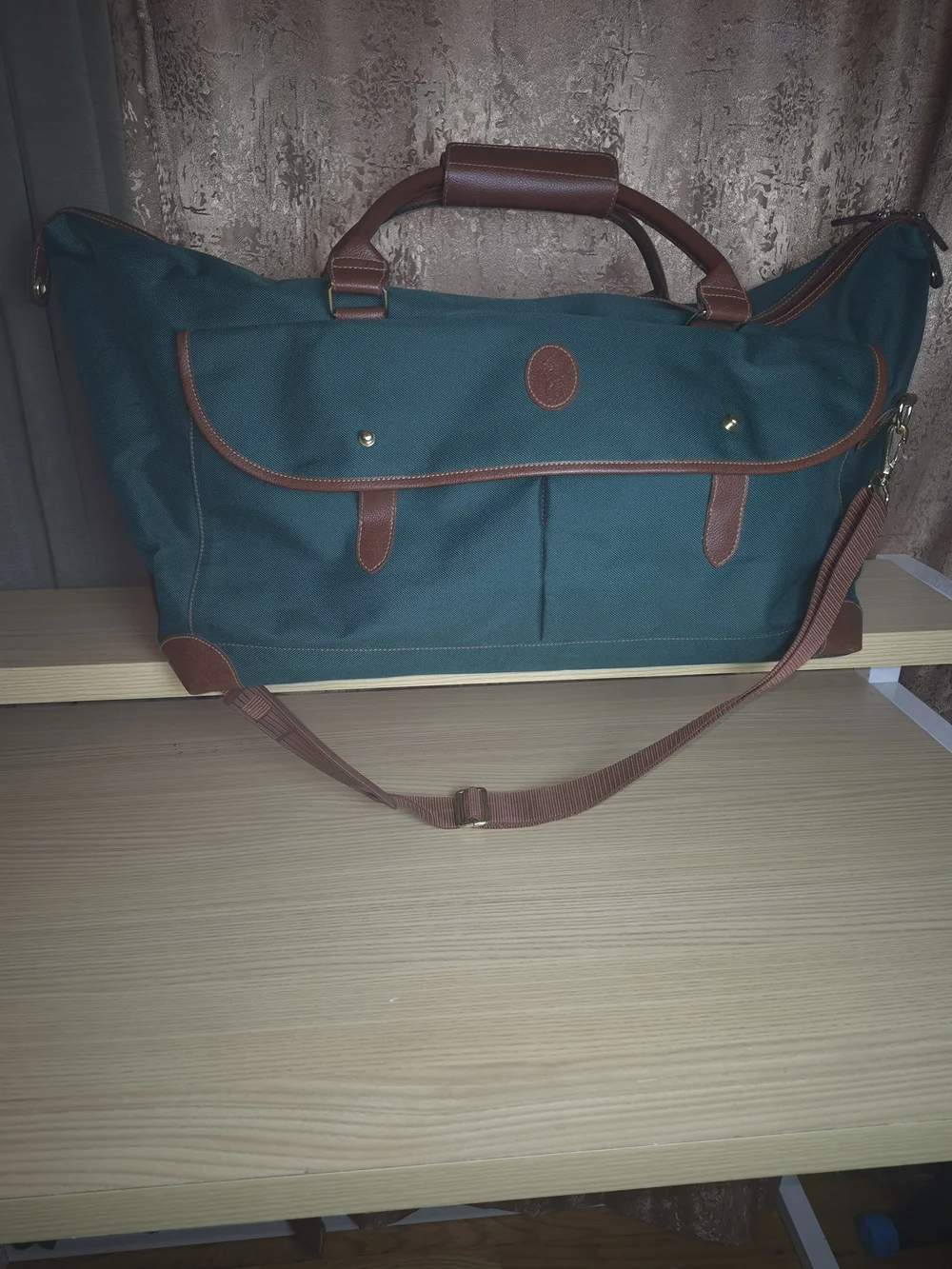 Mens Ralph Lauren 1990'S Teal Canvas Duffel with Brown Leather Trim